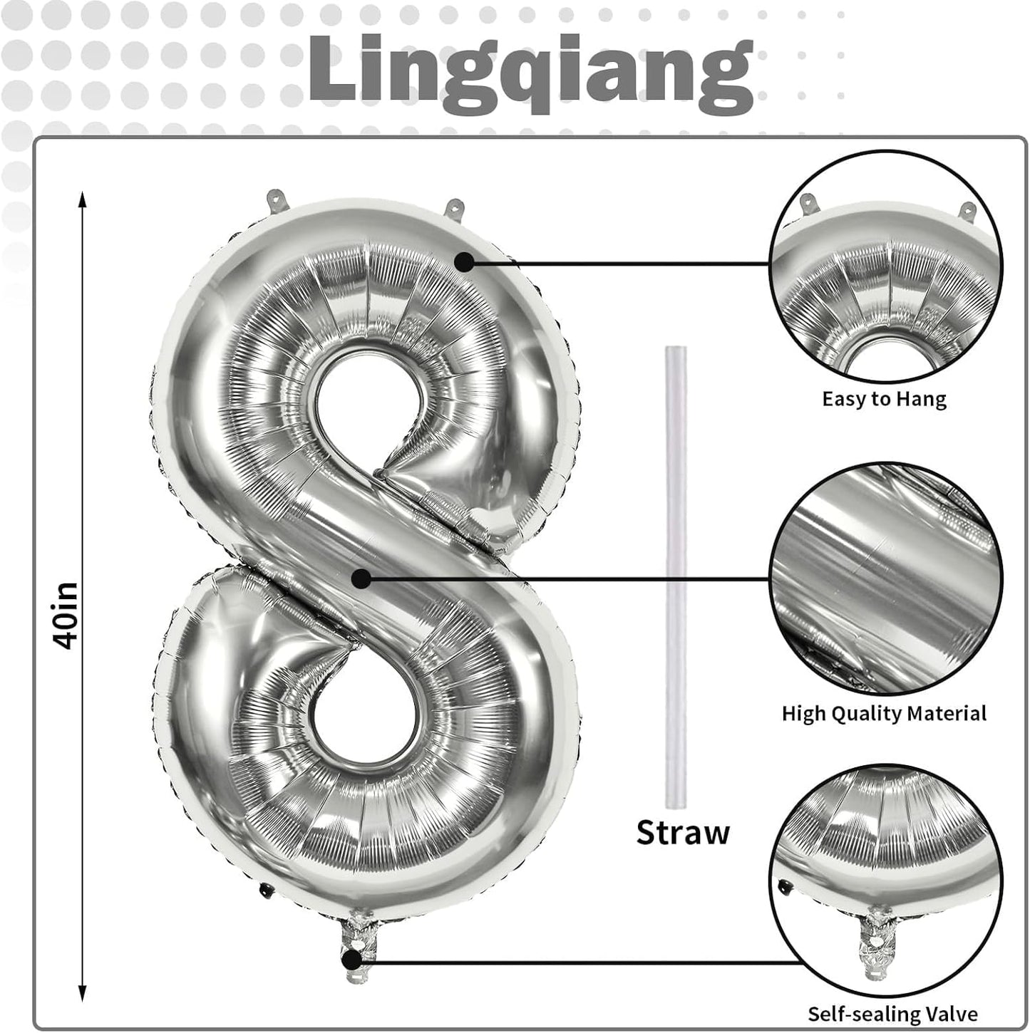 Silver Foil Balloon Number 8 - 40'' Giant Self-Inflating Helium Balloon for 8th Birthday & Anniversary Celebrations