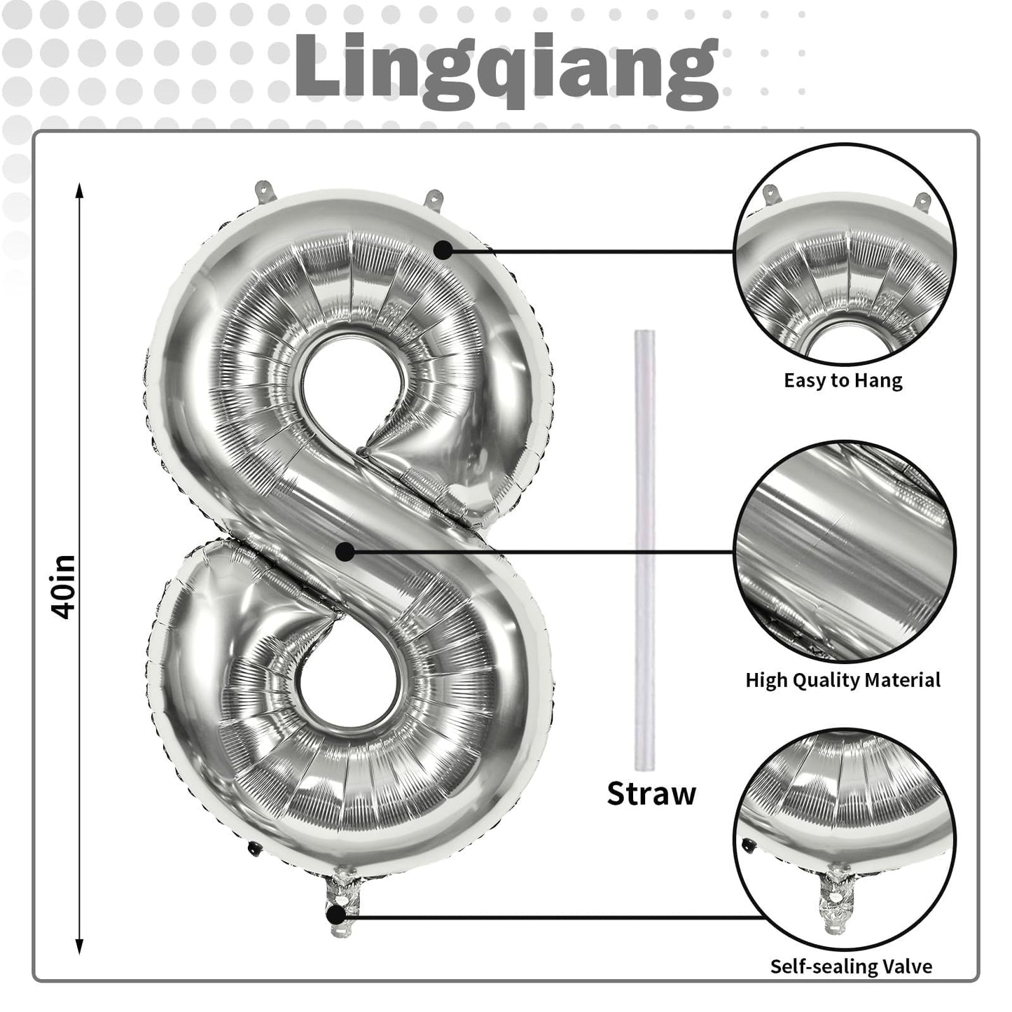 Silver Foil Balloon Number 8 for Boys, 40'' Giant Self Inflating Number Balloons Set 0-9 for Girls, Large Number 8 Helium Balloon for Women Men 8th Birthday Anniversary Party Decorations Supplies