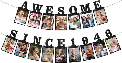 Awesome Since 1946 Photo Banner - Black Glitter 80th Birthday & Anniversary Decorations