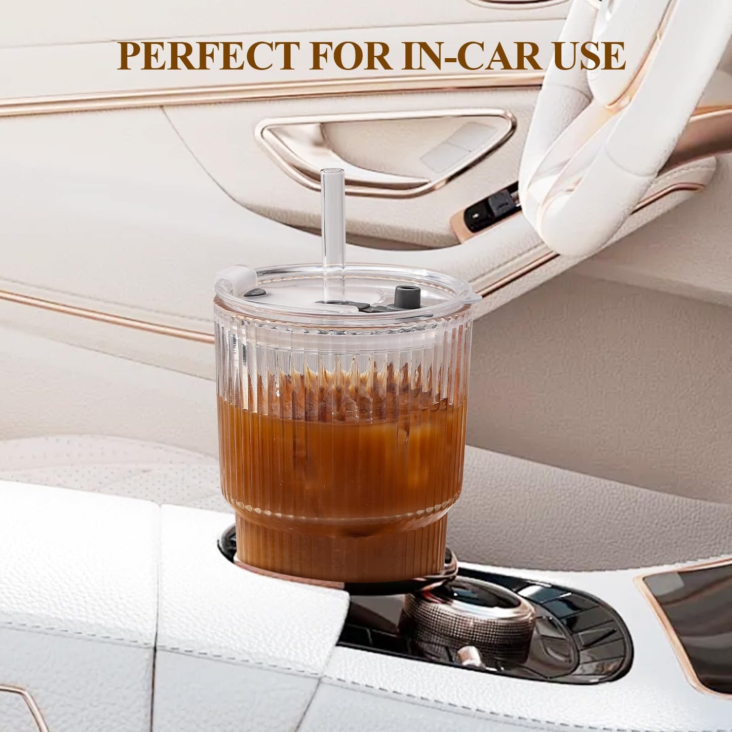 LUXULISH 20Oz Ribbed Glass Tumblers with Lids and Straws, Vintage Glass Cups Thickened Drinking Glasses Set of 4, Ideal for Iced Coffee, Smoothies, Cocktails, Matcha and Juices