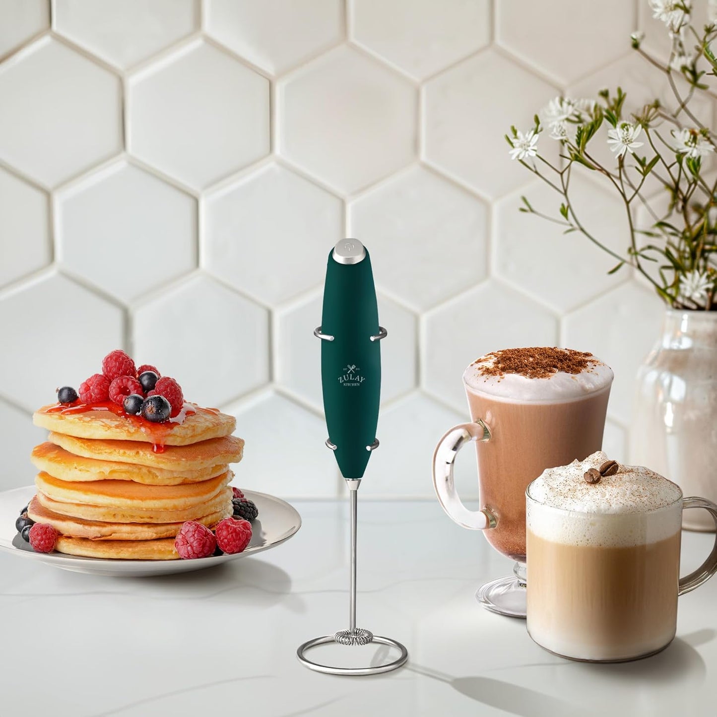Zulay Kitchen Milk Frother Wand - Ultra Fast Handheld Electric Whisk for Coffee & Lattes - Dark Green