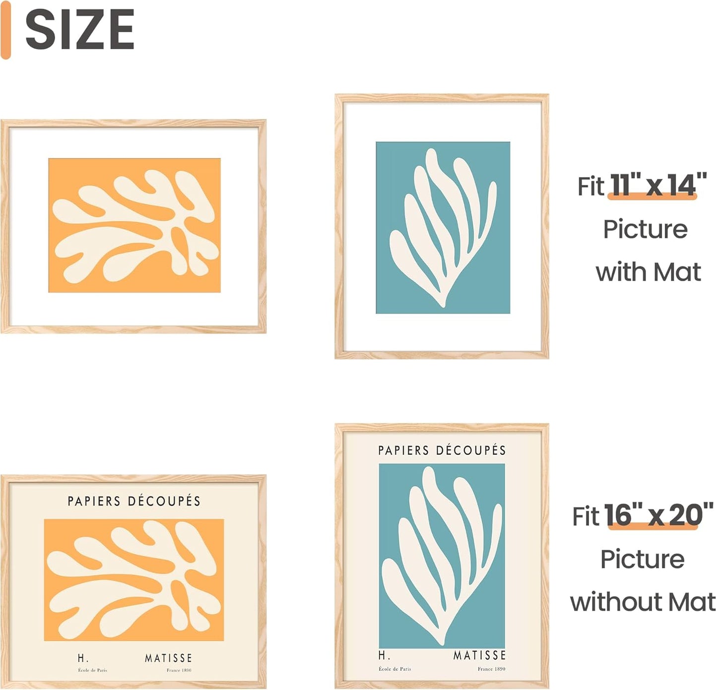 Upsimples 16x20 Picture Frame Set of 5 - Display 11x14 or 16x20 Photos | Natural Wood Gallery Frames