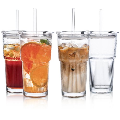20oz Glass Tumblers with Lids and Straws, Set of 4 - Stylish Ribbed Design Drinking Glasses for Iced Coffee Cups, Juice, Smoothies, Cold Beverages, Includes Cleaning Brush, Durable Glassware