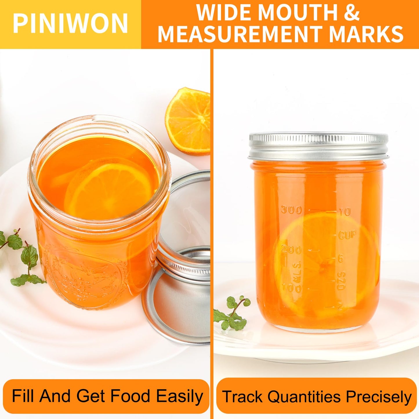 PINIWON Wide Mouth Mason Jars 16 oz with Airtight Lids and Bands, 6 Pack Canning Jars, Clear Glass Pint Jars for Canning, Fermenting, Pickling, Meal Prep, Overnight Oats