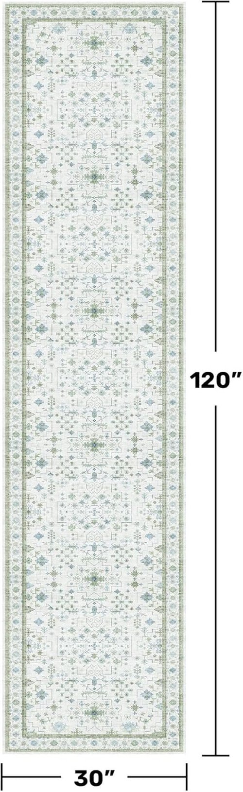 Hazo Haus Oushak Hallway Runner Rug - Vintage Turkish Floral Design, Washable Low Pile | 2'6"x10' - Blue & Green