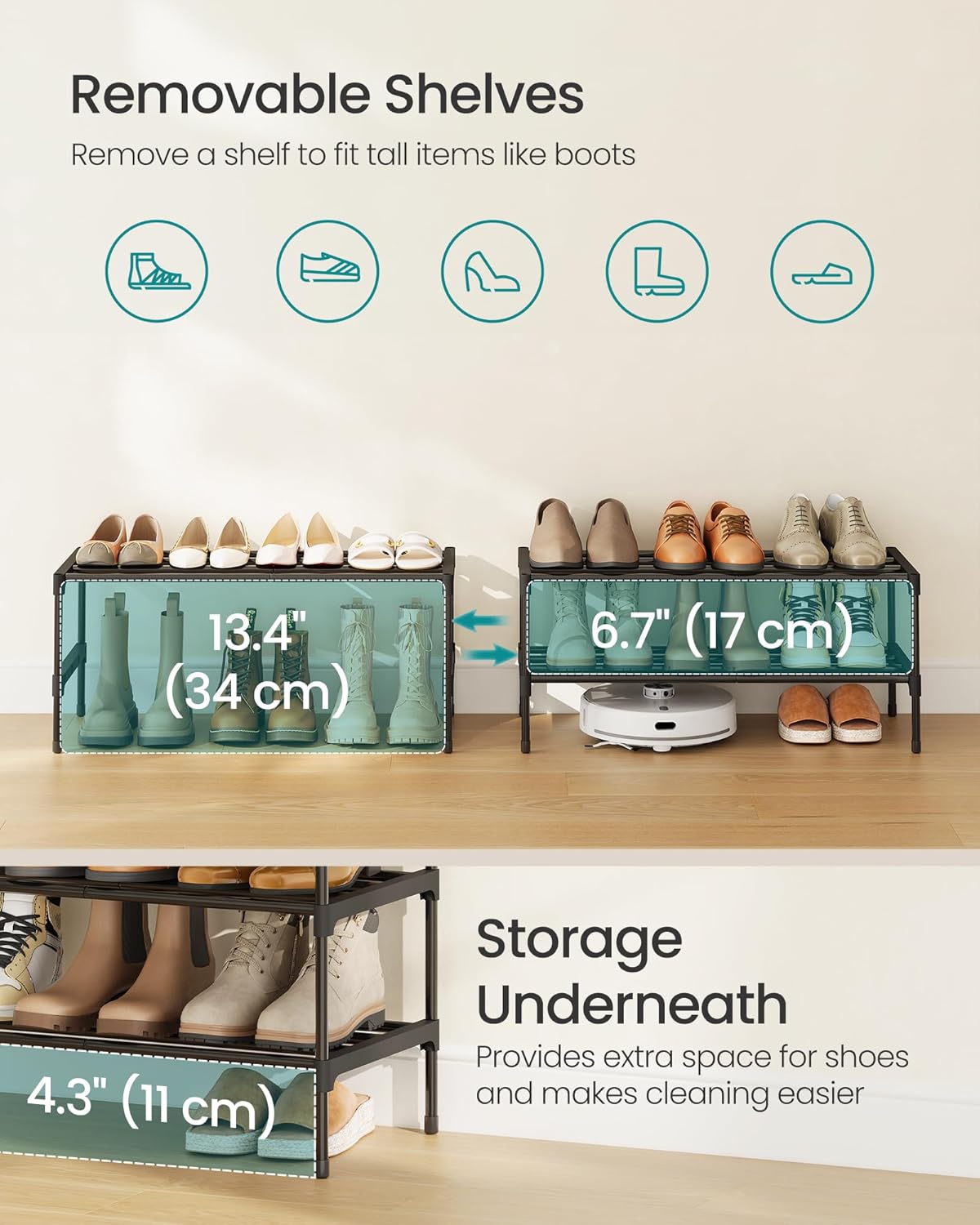 SONGMICS 2-Tier Shoe Rack - Compact Metal Shoe Organizer for Small Spaces | Stackable, Black, 11.8 x 24.5 x 12.2 Inches