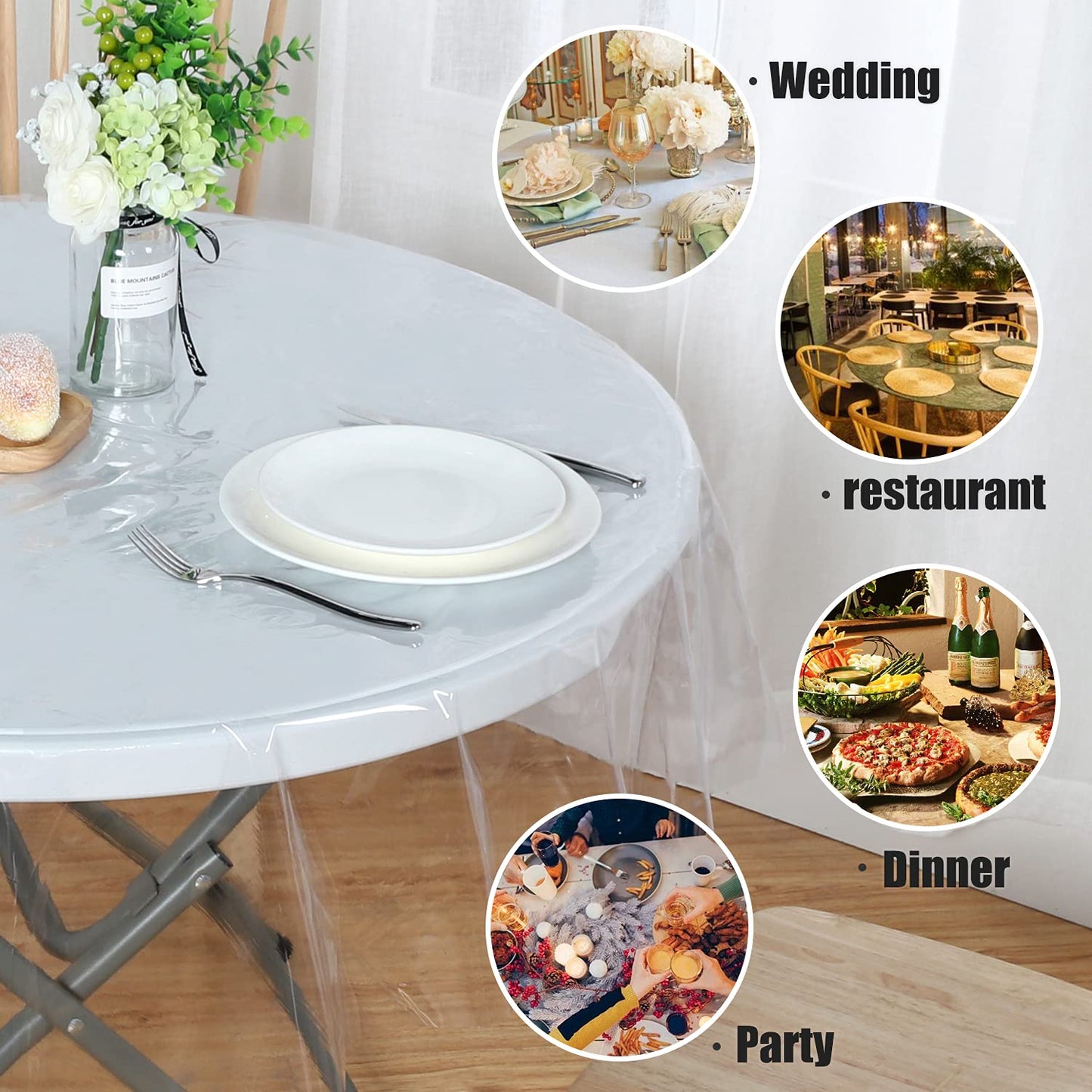 sancua Clear Plastic 100% Waterproof Round Tablecloth - 70 Inch - Vinyl PVC Table Cloth Protector Oil Spill Proof Wipe Clean Table Cover for Dining Tables, Parties, Camping, Crystal Clear