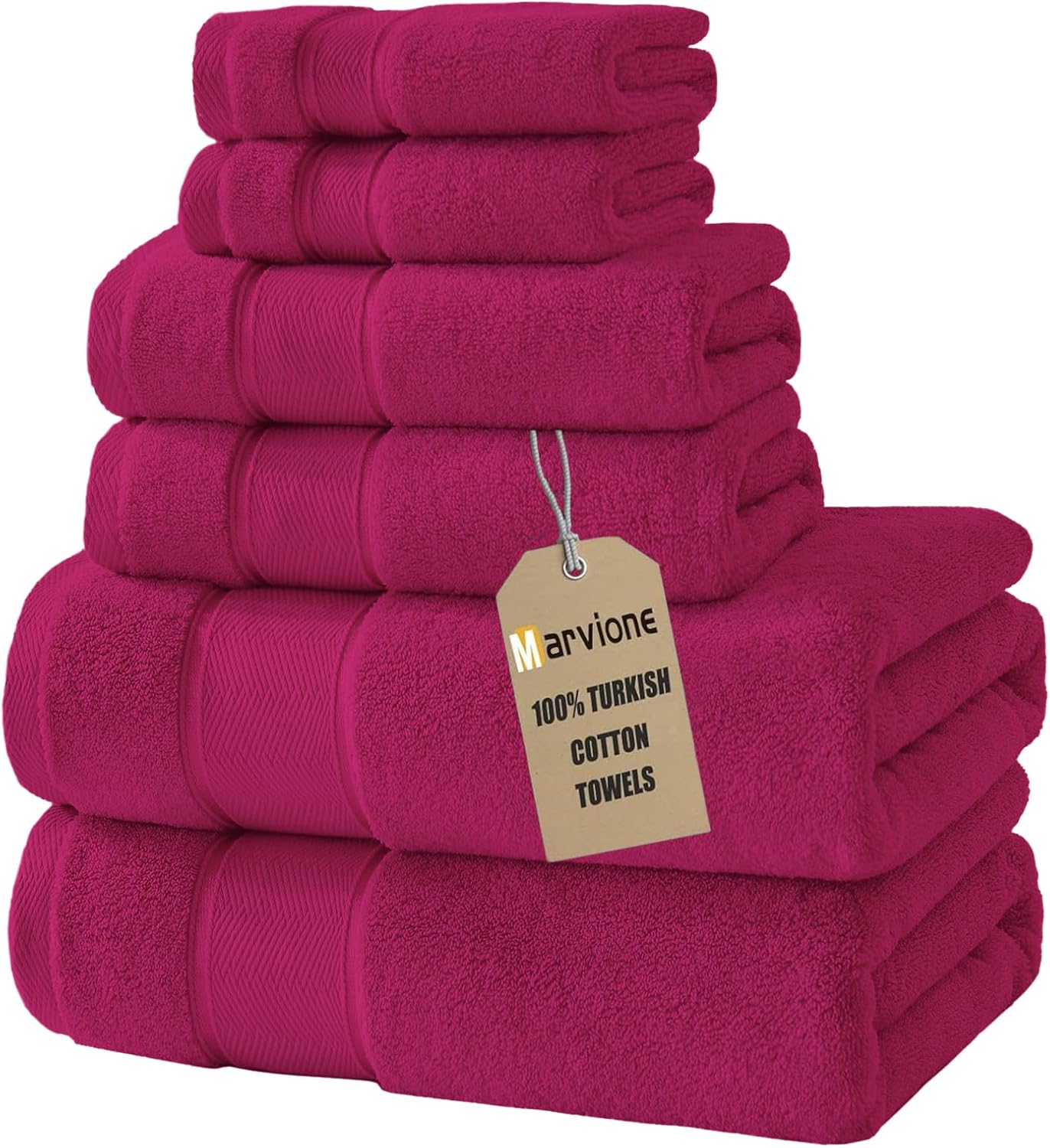 Marvione Bath Towels Set - 100% Turkish Cotton, Highly Absorbent & Soft - 6 Pieces in Hot Pink