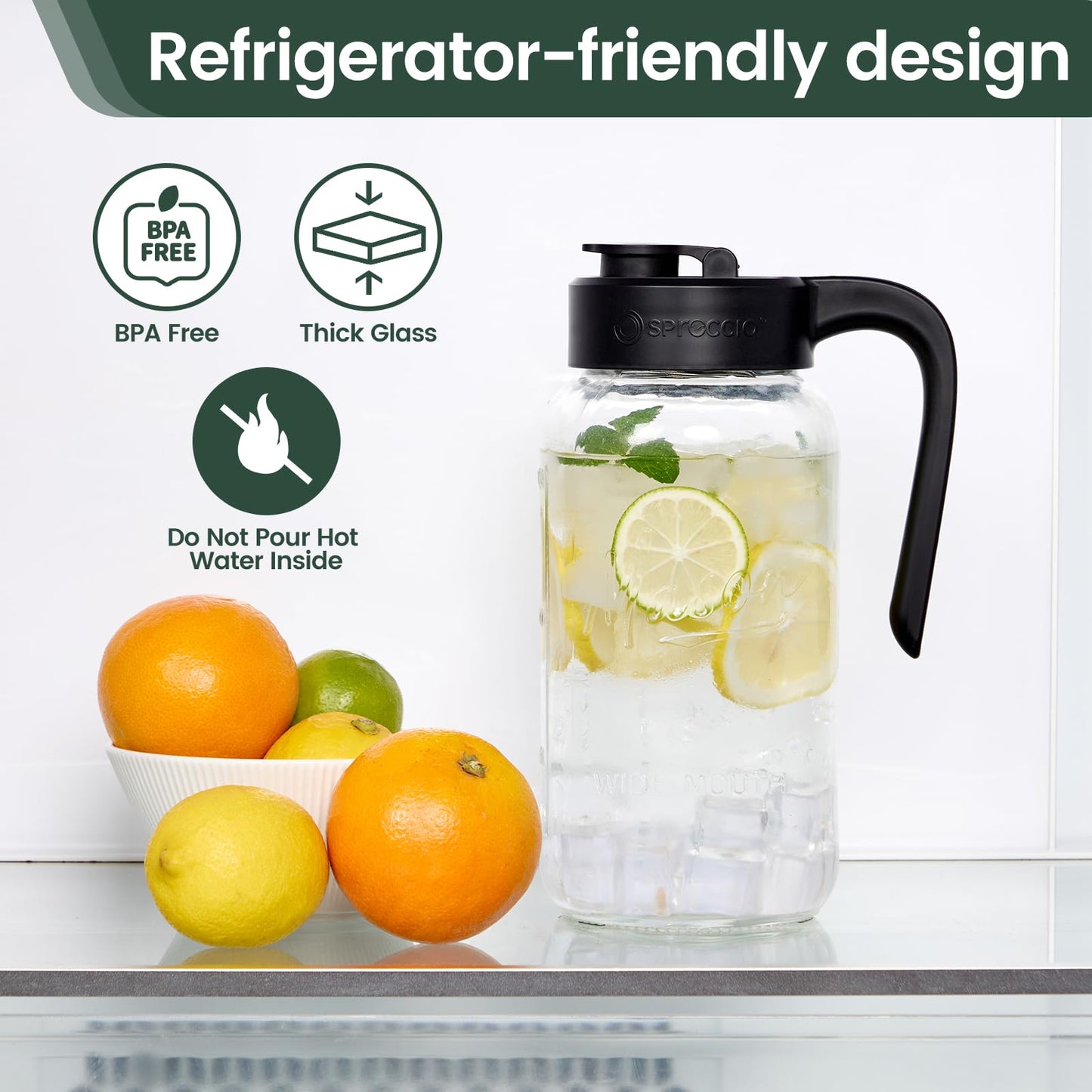 Spreccio Mason Jar Pitcher - Airtight & Leakproof Glass Pitcher with Lid[set of 2], Perfect for Breastmilk, Cold Brew, and Sun Tea, 2 Quart (64 oz) Mason Jar with Pour Spout Lid