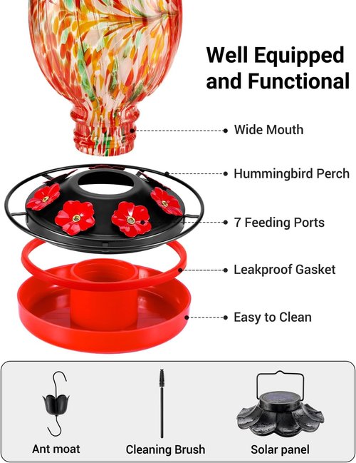 HouseSapp Solar Hummingbird Feeder - 49 Fl. Oz Color Changing Hand Blown Glass - 7 Feeding Ports & Perch