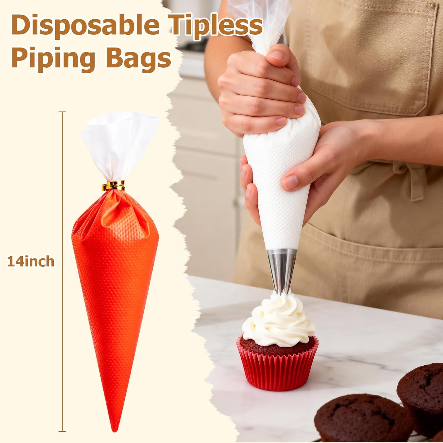 Tamodan 14 Inch Tipless Piping Bags - 100PCS Disposable Non-Slip Icing & Frosting Bags for Cakes, Cupcakes, Cookies
