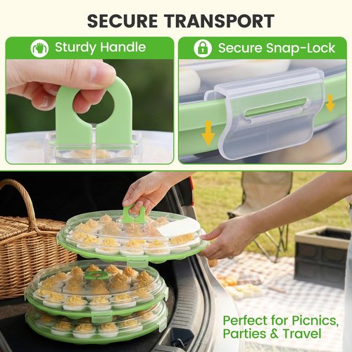 HANSGO Deviled Egg Containers with Lid, 3PCS Deviled Egg Platter Carrier Holder Trays with 66 Slots for Party and Home Kitchen, Green