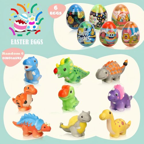 BEIGUO 6 Pack Jumbo Easter Eggs Filled with Dinosaur Slow Rising Squeeze Toys for Kids Boys Girls,Easter Basket Stuffers,Party Favors,Egg Hunts