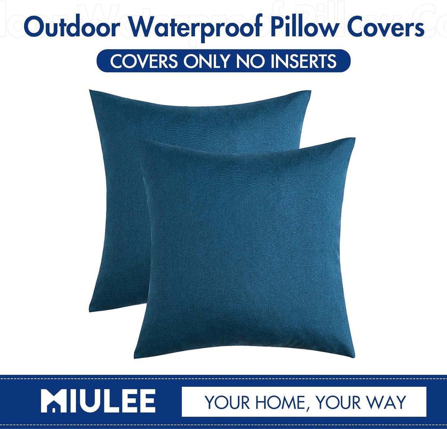 MIULEE Waterproof Outdoor Throw Pillow Covers - Pack of 2 Faux Linen Euro Sham Cushions | 24x24 Inch Blue