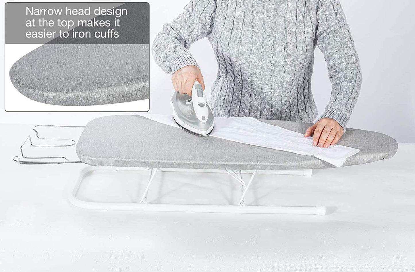 Storage Maniac Tabletop Ironing Board - Durable All-Iron Frame with Iron Rest & Silver Metallic Cover - Silver Grey