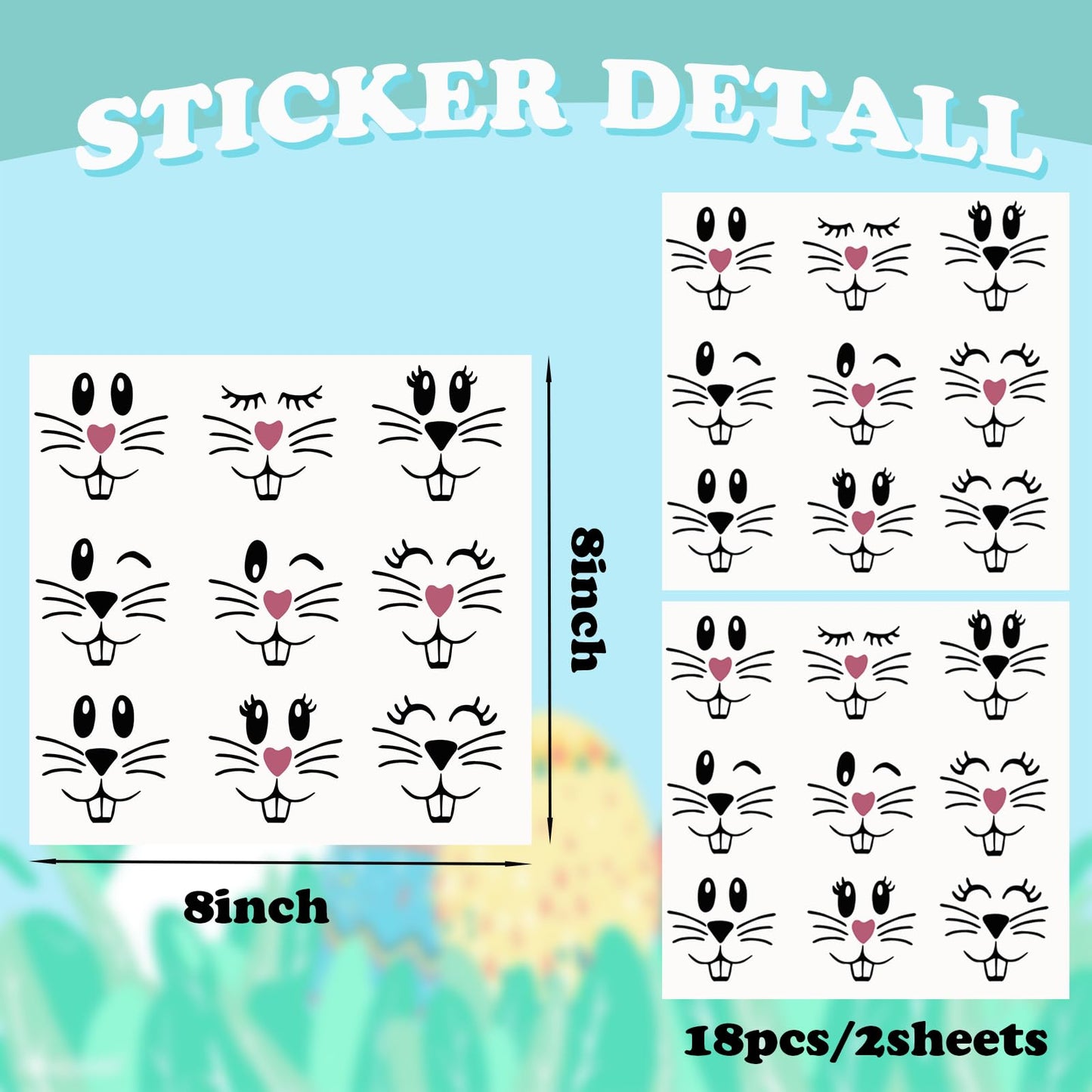 18 Pcs Easter Bunny Face Vinyl Decals - Bunny Faces DIY Craft Vinyl Art Stickers, Wall Decals, Glass Window Stickers
