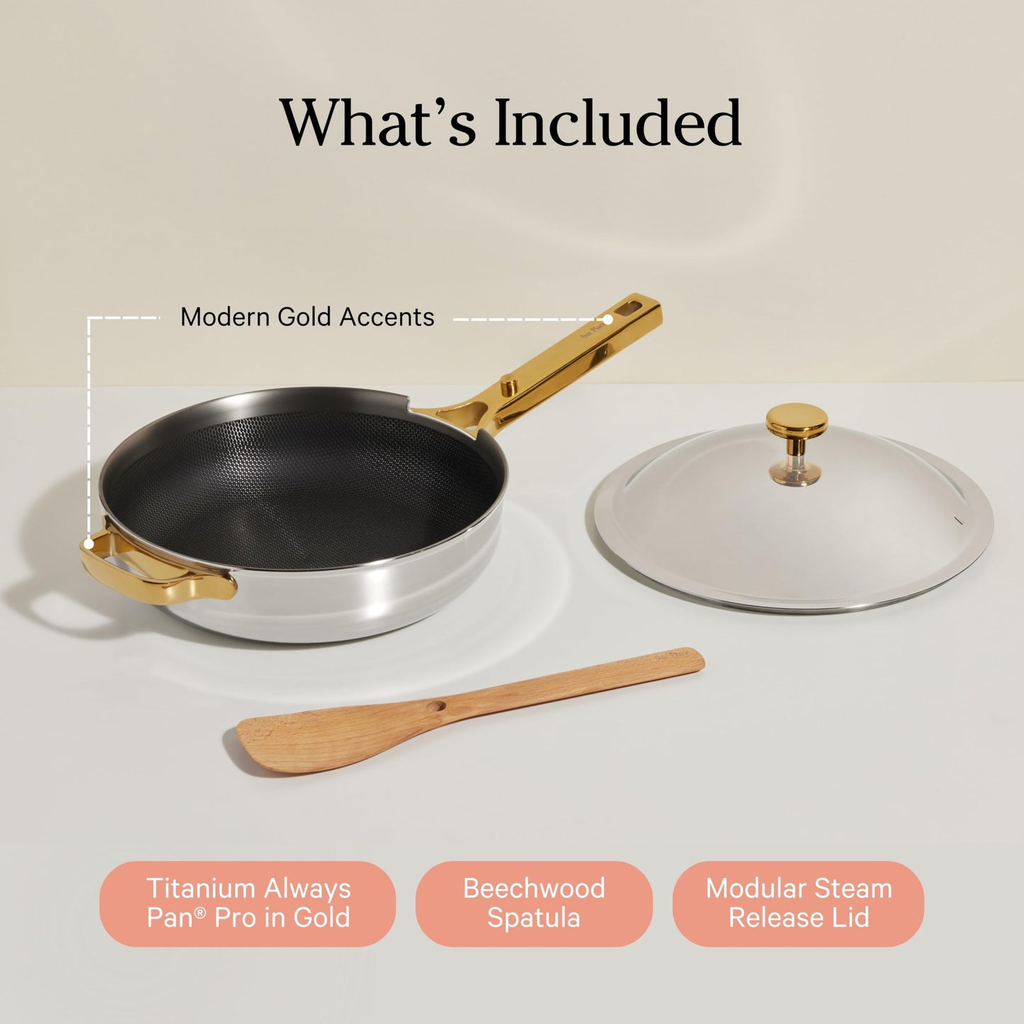 Our Place Titanium Always Pan Pro - 10.6” (2.8 Qt) No-Coating Nonstick Skillet | Tri-Ply Titanium & Stainless Steel | Safe for Oven, Induction & All Cooktops up to 750°F | Includes Spatula | Gold