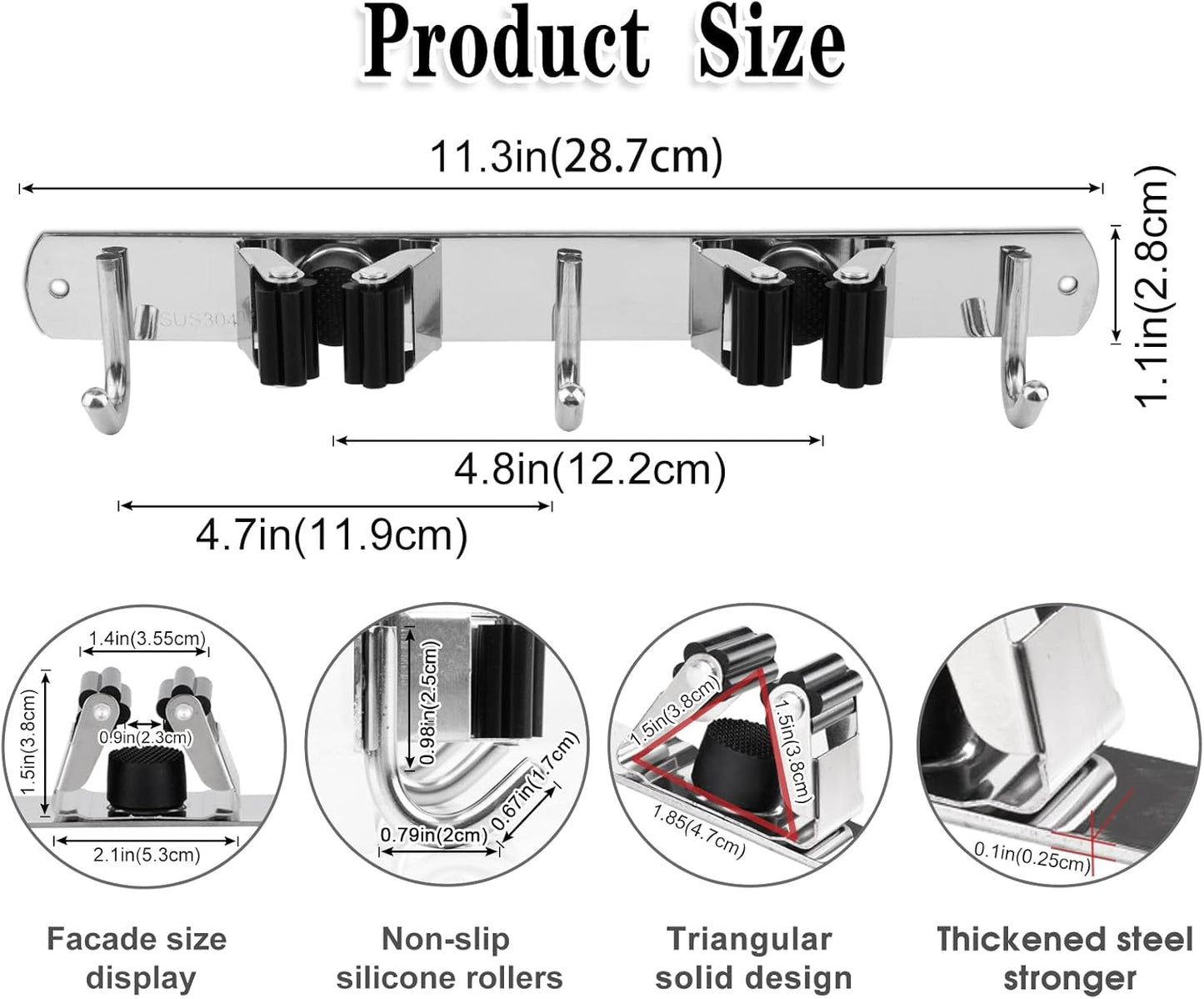 Skiennix Wall-Mounted Broom and Mop Holder - Heavy-Duty Stainless Steel Organizer with 2 Racks & 3 Hooks | Non-Slip Design for Home & Garage