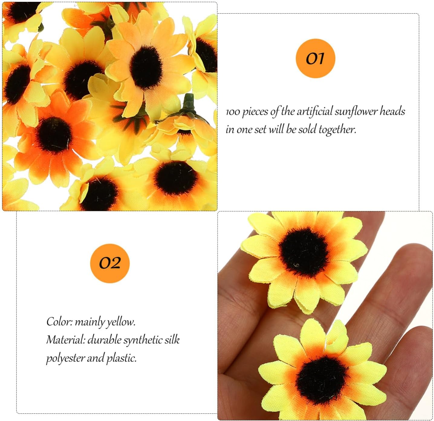 Uonlytech Artificial Sunflower Heads - 100 Pcs Lifelike Plastic Flowers for Wedding & Home Decor