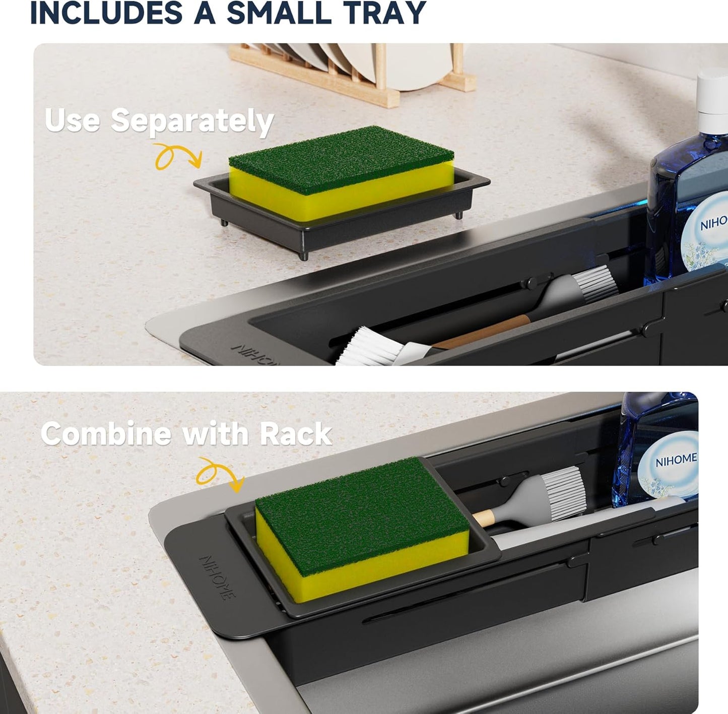 NiHome Extendable Over Sink Kitchen Organizer - Adjustable Sponge & Brush Rack with Non-Slip Pads (Black)