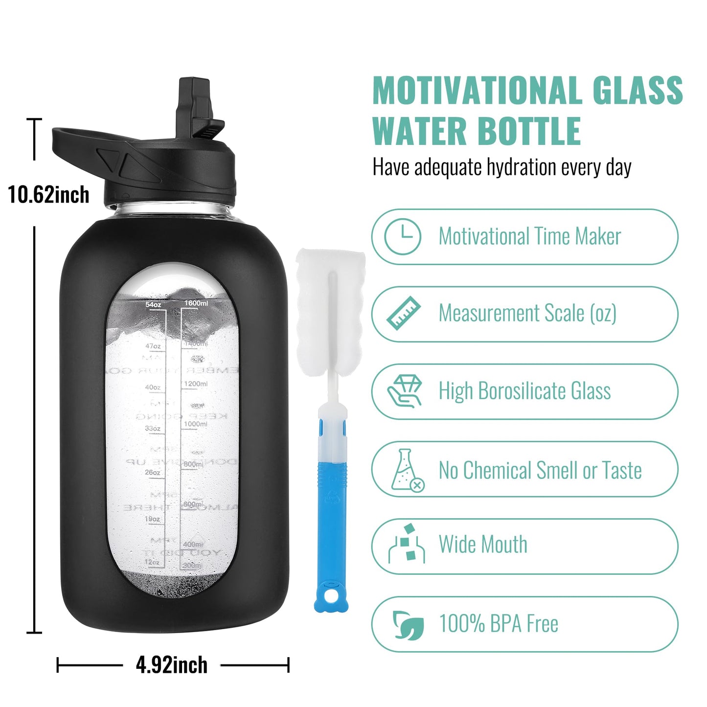 CIVAGO 64 oz Glass Water Bottle Jug with Straw and Handle, Half Gallon Sports Motivational Water Bottle with Time Marker, Wide Mouth Water Flask Canteen with Silicone Sleeve for Gym,Camelia