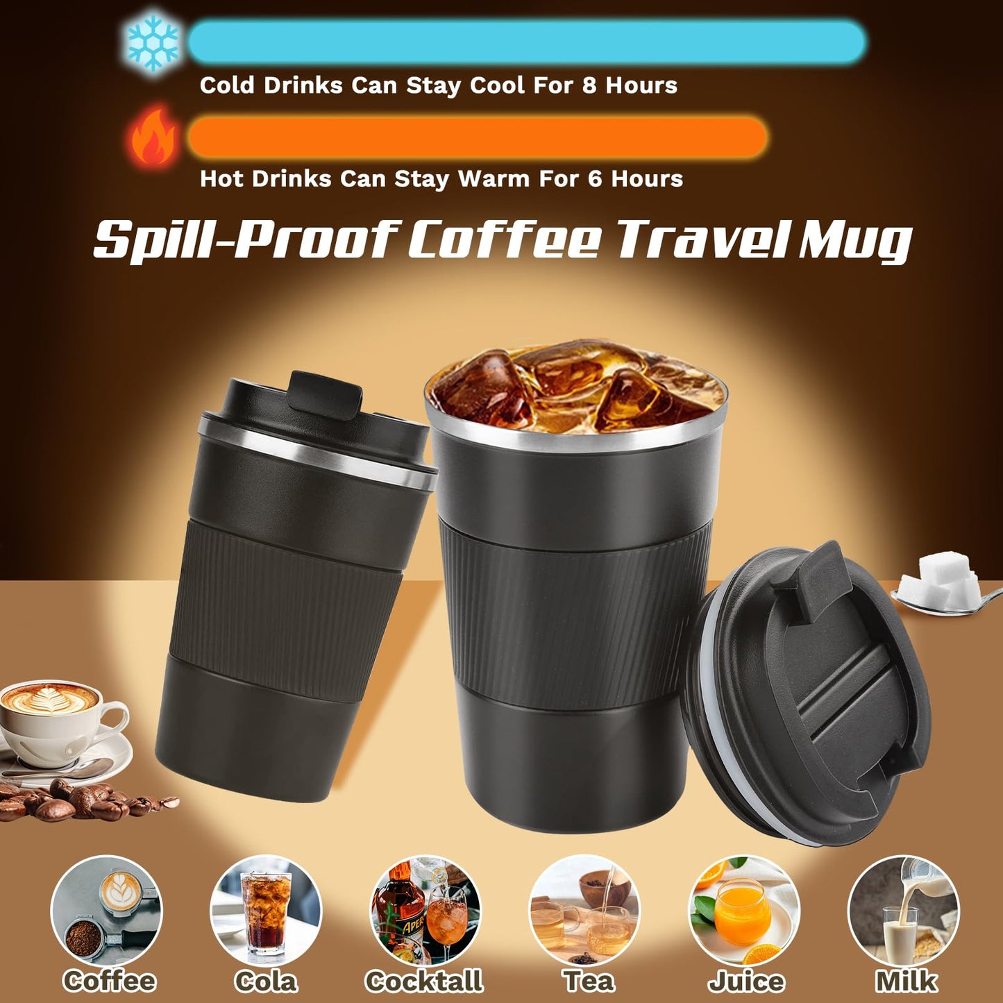 SPLMIFA Vacuum-Insulated Stainless Steel Travel Coffee Mug, Leak-Proof Reusable Coffee Cup with Lid - Keep Hot & Cold Drinks for Hours, Durable Insulated Tumbler for Men & Women(3rd-Black, 12OZ)