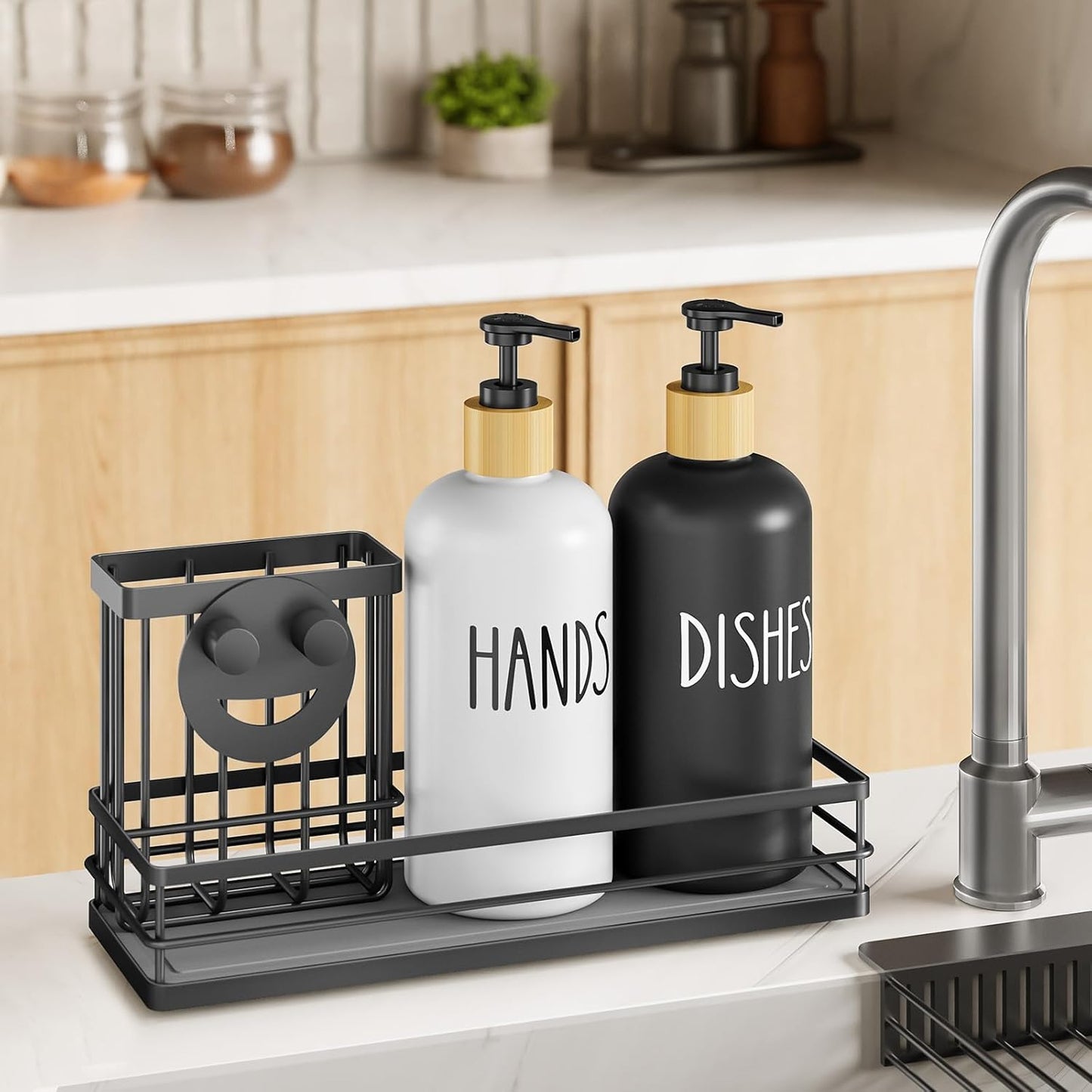 Moforoco Kitchen Dish Soap Dispenser Set - 16oz Glass Bottle with Non-Slip Silicone Pad & Brush Holder