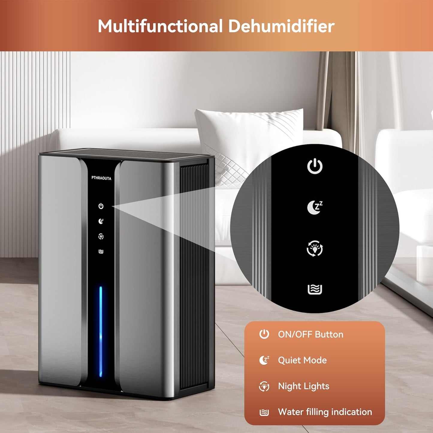 PTHRAOUTA Home Dehumidifier - 95oz Quiet Indoor Unit for Bathrooms & Bedrooms | 950 sq.ft Coverage