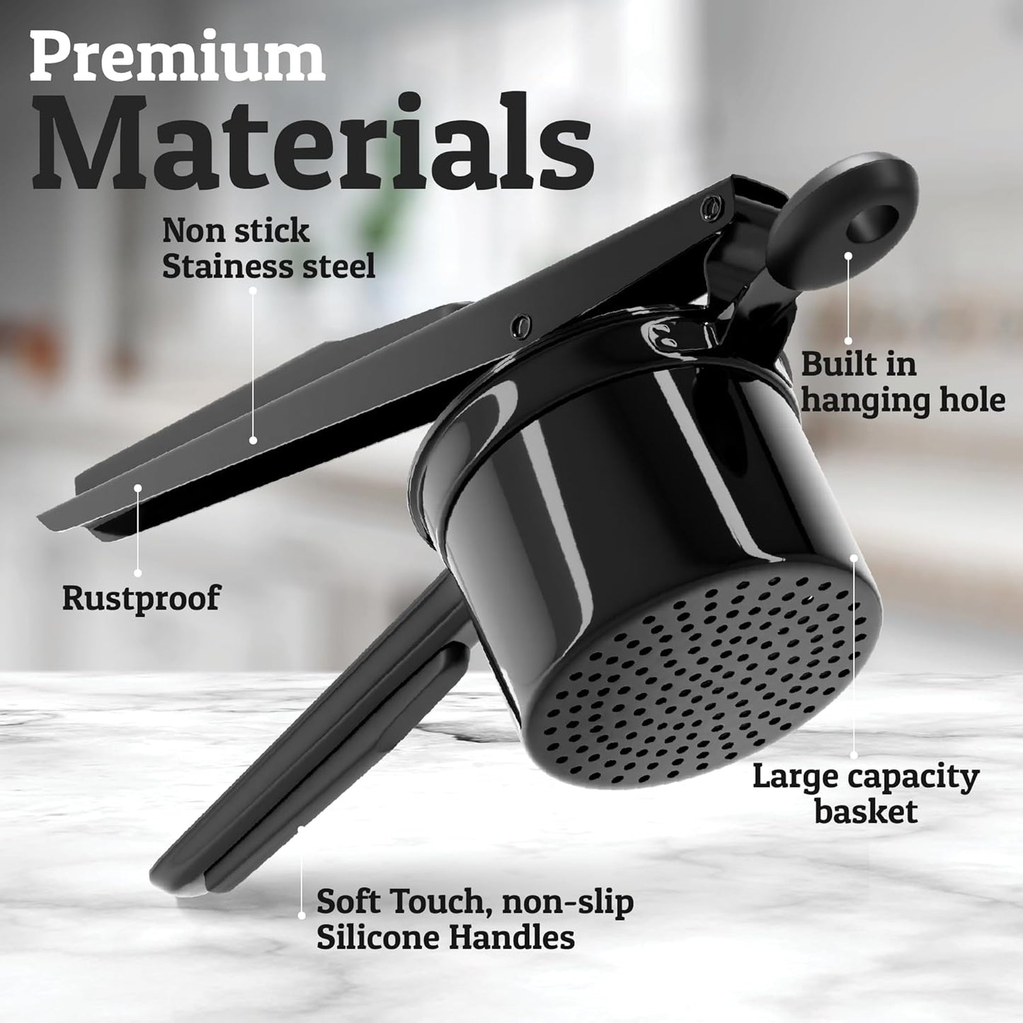 PriorityChef 15oz Potato Ricer - Heavy Duty Stainless Steel Masher with 3 Discs | All Black Design