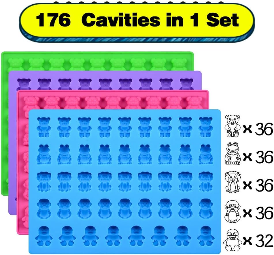 Skiennix Silicone Candy Gummy Bear Molds - Premium Pack of 4 with Bears, Frogs & More | Includes 2 Droppers