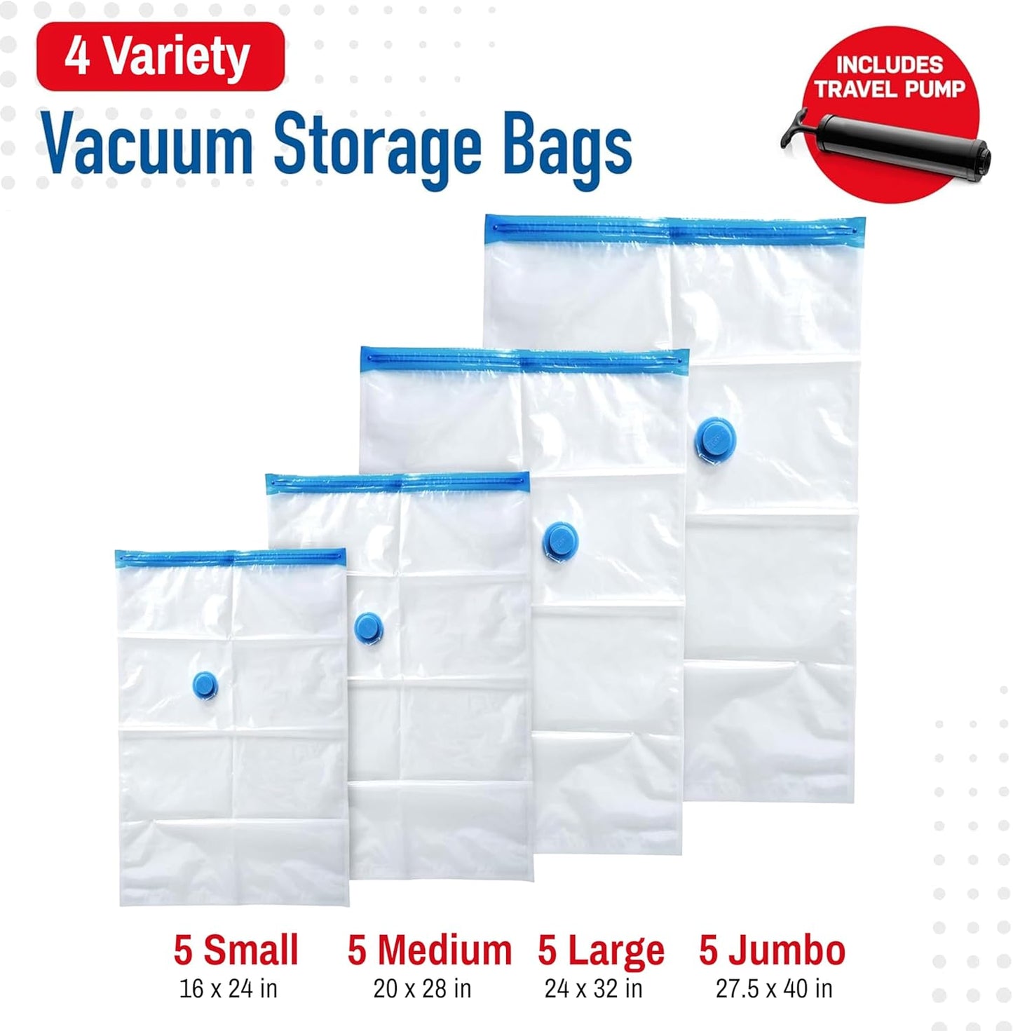 Skiennix Vacuum Storage Bags - 20-Pack Variety for Comforters, Blankets & Clothes | Space-Saving Compression Bags with Hand Pump (5S, 5M, 5L & 5XL)