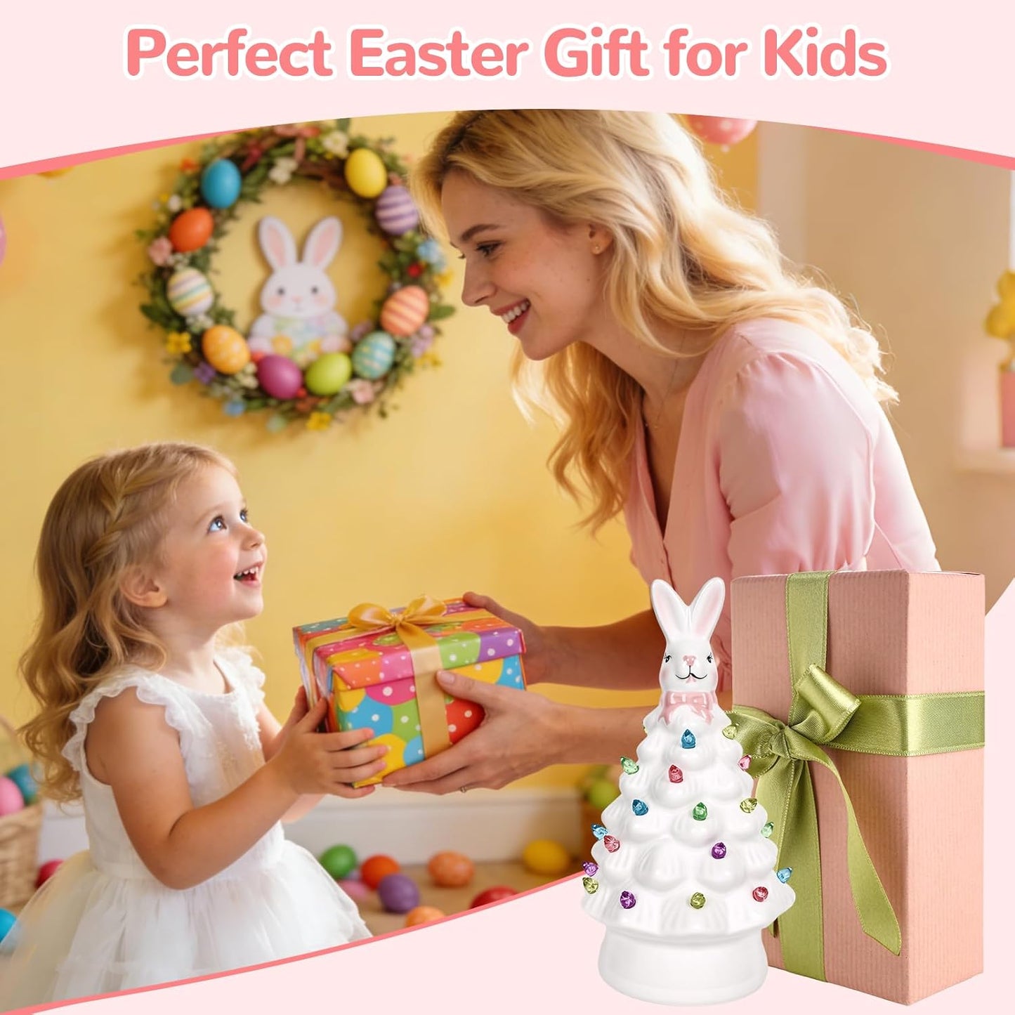 Skiennix Easter Decorations - Adorable Ceramic Bunny Tree Night Light for Home & Kids' Gifts