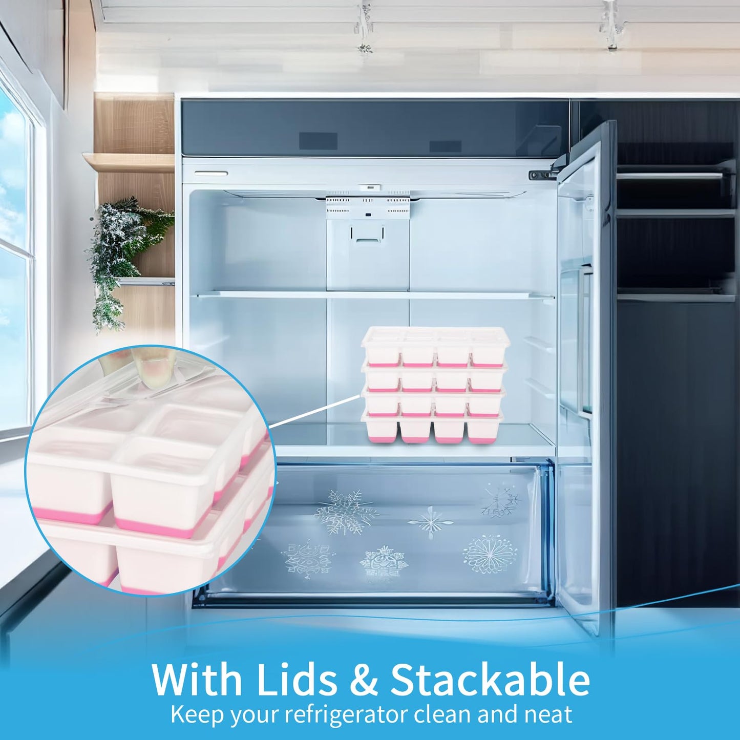 Large Ice Cube Tray with Lid and Bin, Jrisbo Silicone Big Square Ice Cube Molds for Freezer, 3 Pack Stackable Huge Cubed Ice Trays with Ice Tong, Ice Scoop for Whiskey Cocktails Soups Frozen Treats