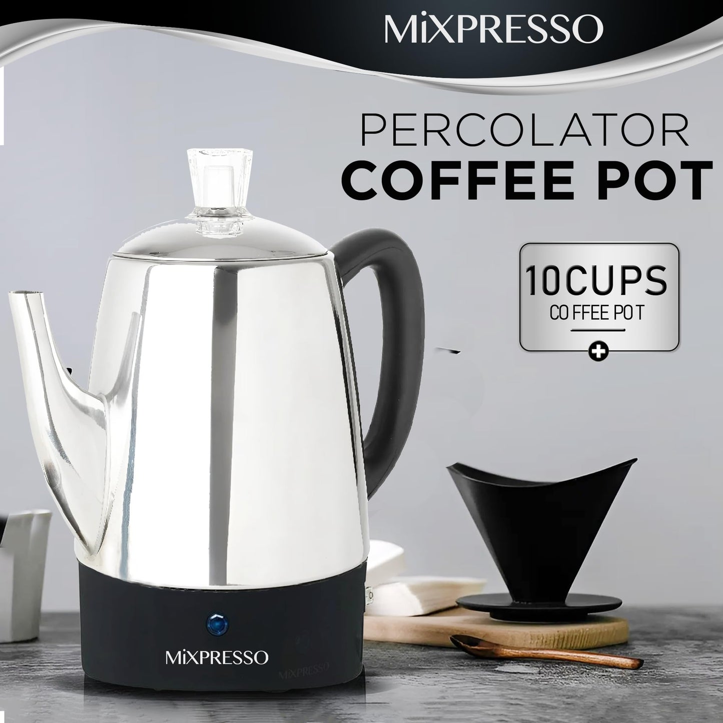 Mixpresso 10 Cup Percolator Coffee Pot Electric, Stainless Steel Coffee Percolator Electric With Keep Warm Function, Classic Perculator Pot With Removable Basket for Home or Office