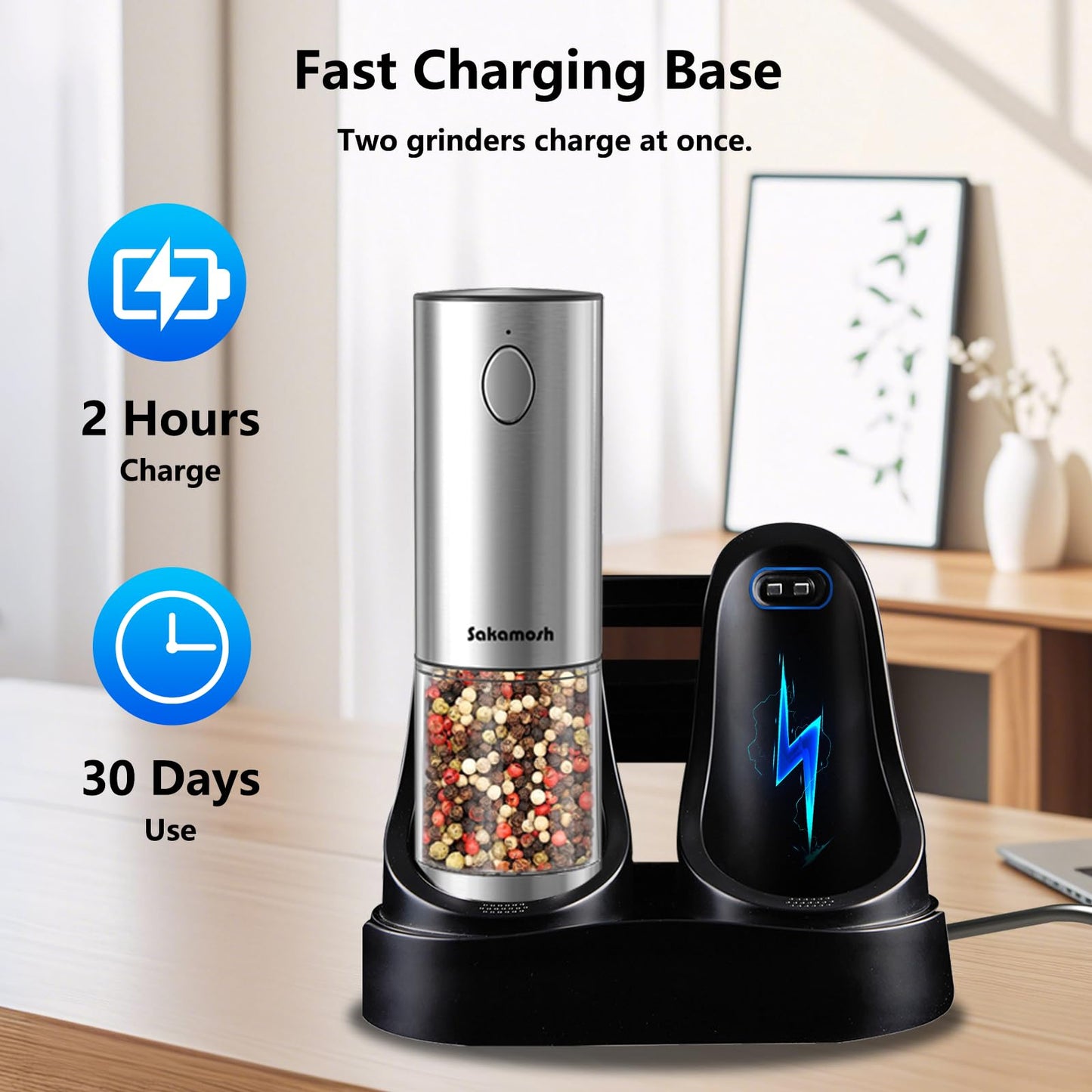 Electric Salt and Pepper Grinder Set USB Rechargeable Base, Stainless Steel Automatic Pepper and Salt Shakers with Adjustable Coarseness, LED Light, Ideal Gifts for Housewarming, Parents, Friends