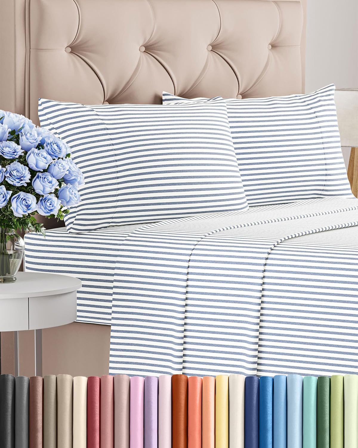 Skiennix Queen Size 4-Piece Sheet Set - Comfy, Breathable & Cooling Hotel Luxury Bedding - Deep Pockets, Soft, Wrinkle-Free - Blue Stripes