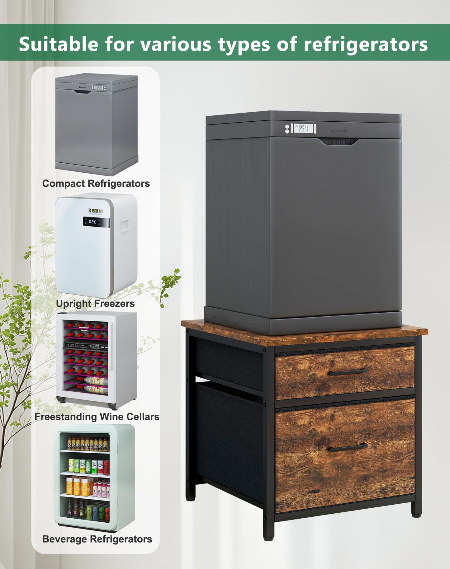 YMYNY Mini Fridge Stand with Storage, Mini Fridge Cabinet with Fabric drawers, 250lbs Heavy-Duty Compact Refrigerator Table for Home, Office, Bedroom,21.7" L x 22.8" W, Rustic Brown HBR008H