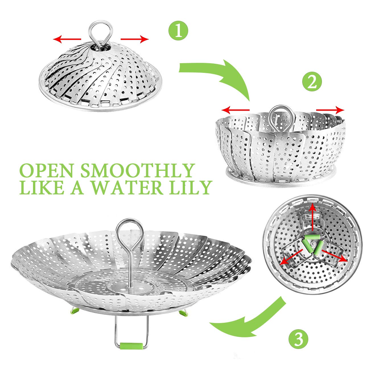 Steamer Basket Stainless Steel Vegetable Basket Metal Handle Folding Silicone Feet Steamer Insert for Cooking Veggies Fish Seafood Include Safety Tool,Fit Various Pot Pressure Cooker (5.1" to 9.5")
