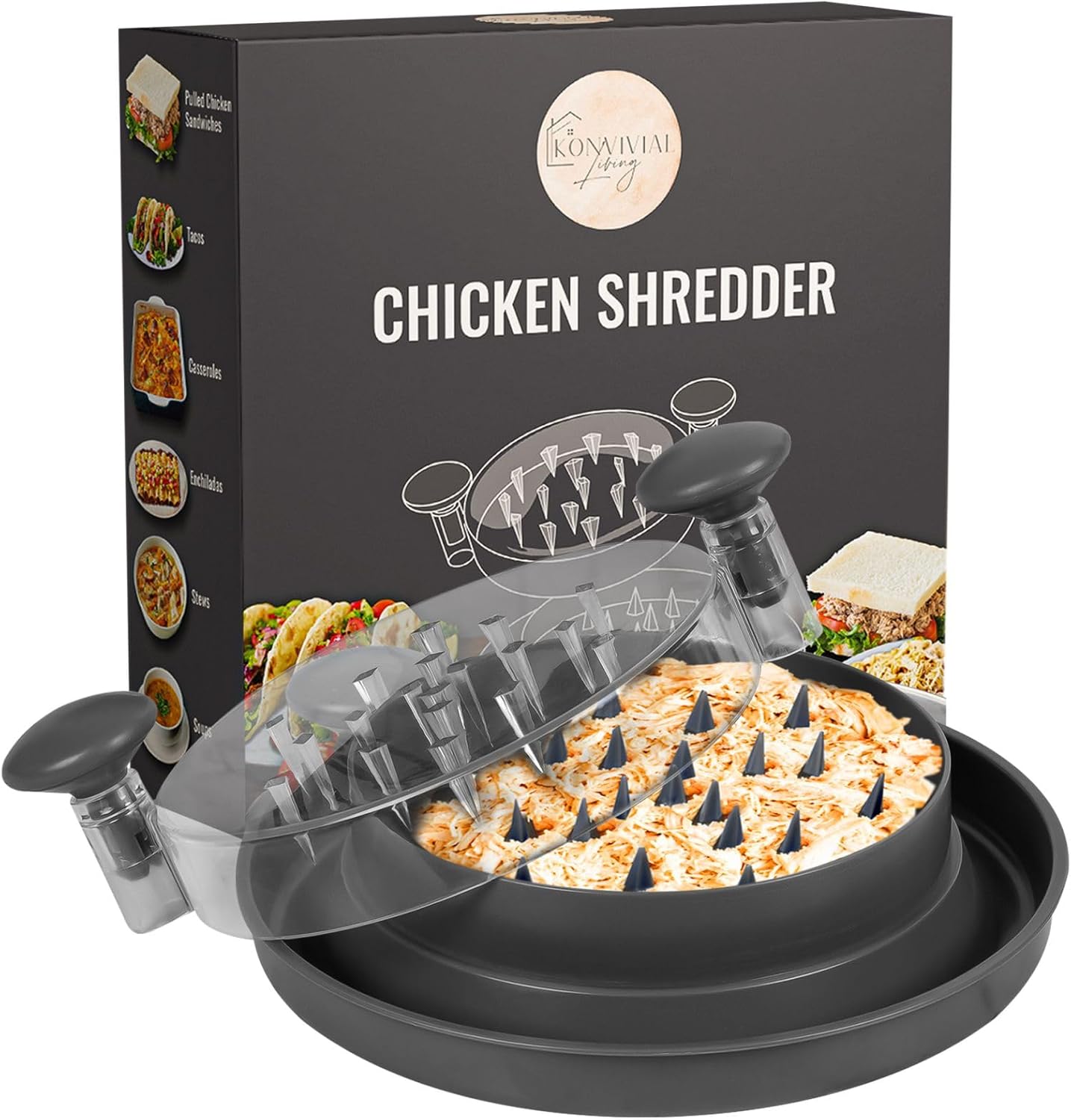 Skiennix Chicken Shredder Tool - Ergonomic Meat Shredder with Lid, Anti-Slip Base, BPA Free, Dishwasher Safe