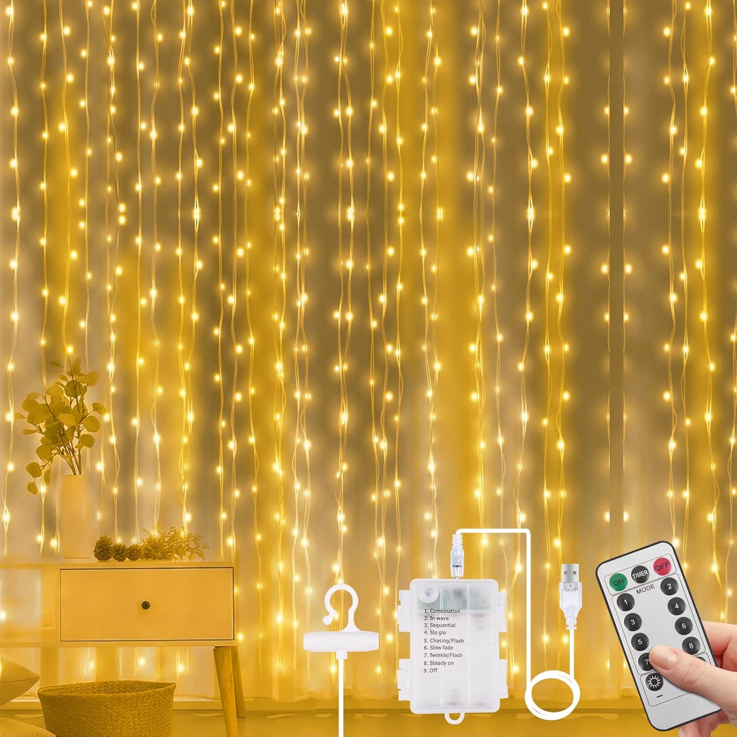 Vicloon Fairy Curtain Lights - 300 LED Warm White String Lights | 9.8x9.8Ft Waterproof with Remote Control