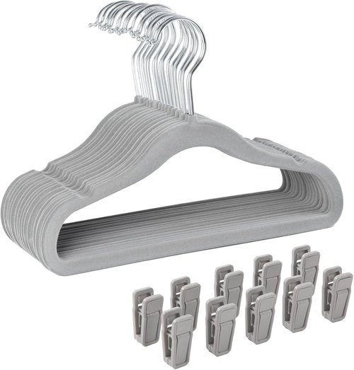 Finnhomy Non-Slip Velvet Baby & Kids Clothes Hangers - 30-Pack with 10 Finger Clips, Gray