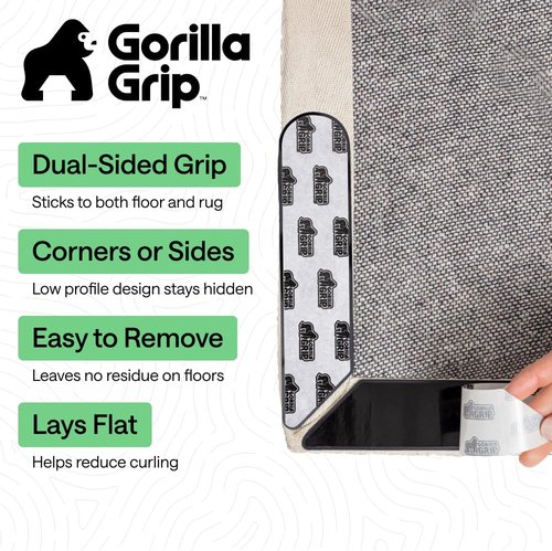GORILLA GRIP Rug Gripper Pads - Reusable Double-Sided Stickers for Flat Corners | 8 Pcs for Hardwood & Tile Floors