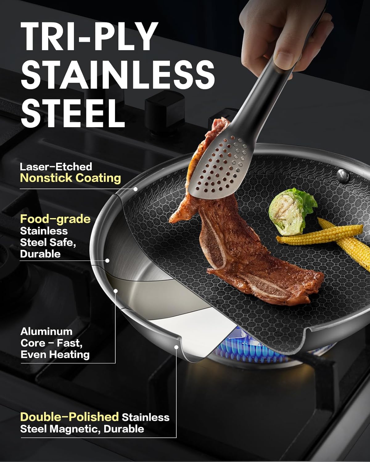 USELUCK Nonstick Frying Pans Set - 8/10/12 Inch Stainless Steel Skillets with Honeycomb Surface | Induction & Oven Safe, PFAS-Free