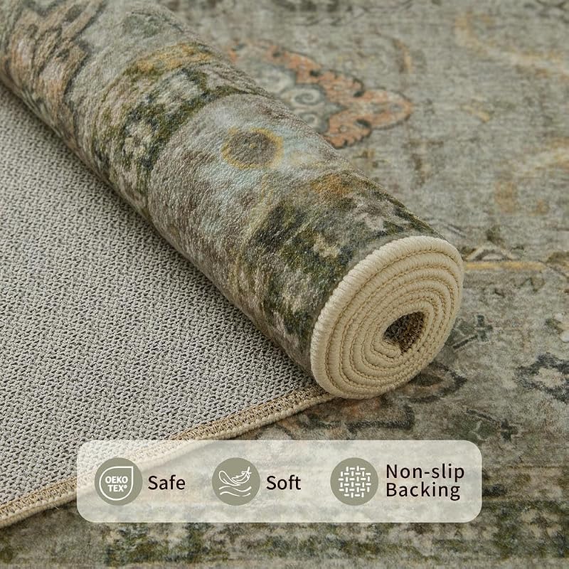 Rugxara 6x9 Olive Green Washable Area Rug Vintage Boho Floral Geometric Pattern