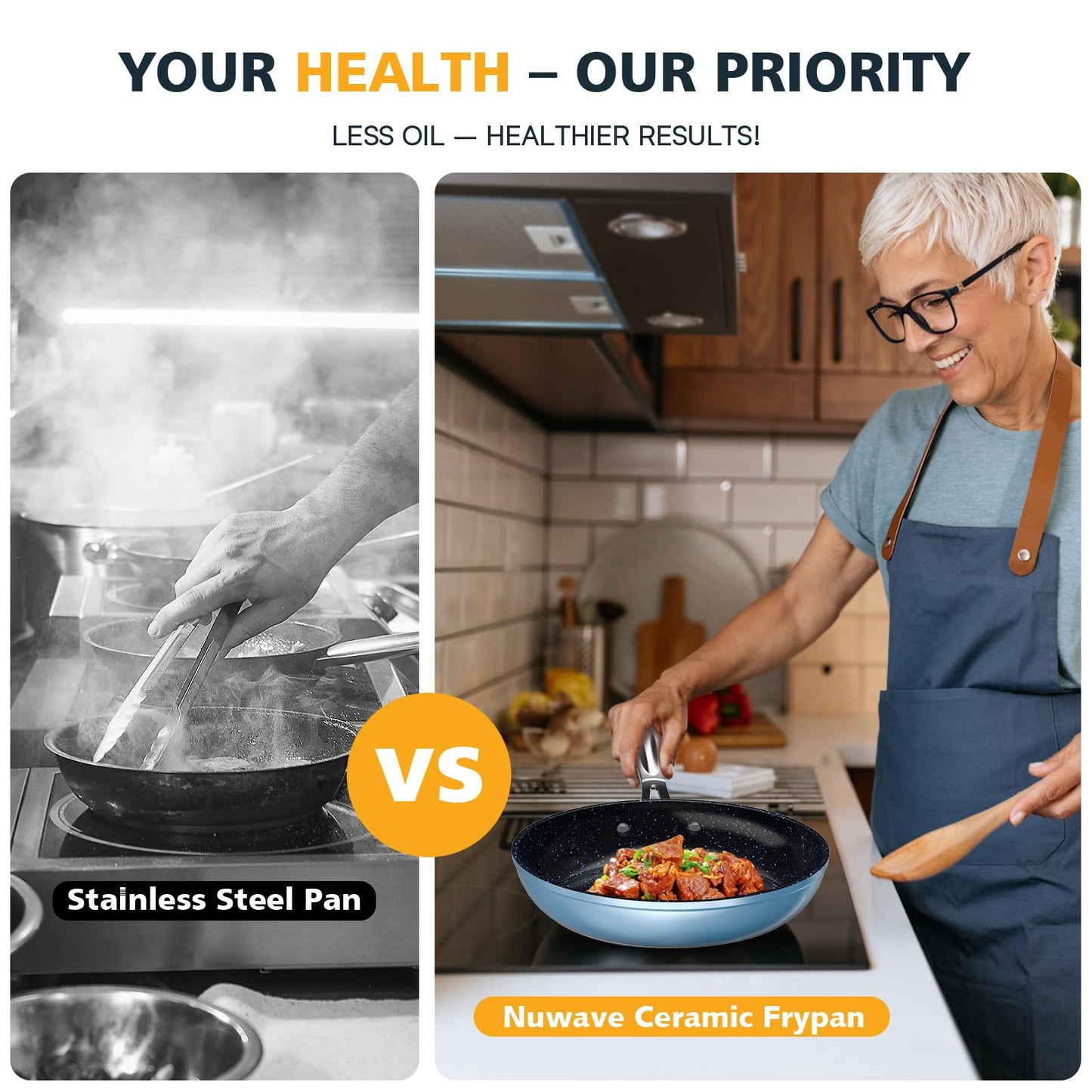 Nuwave 3-Piece 8”, 10”, 12” Forged Lightweight Frying Pan Set, G10 Healthy Duralon Blue Ceramic Ultra Non-Stick, Ergonomic Stay-Cool Handles, Induction-Ready & Works on All Cooktops