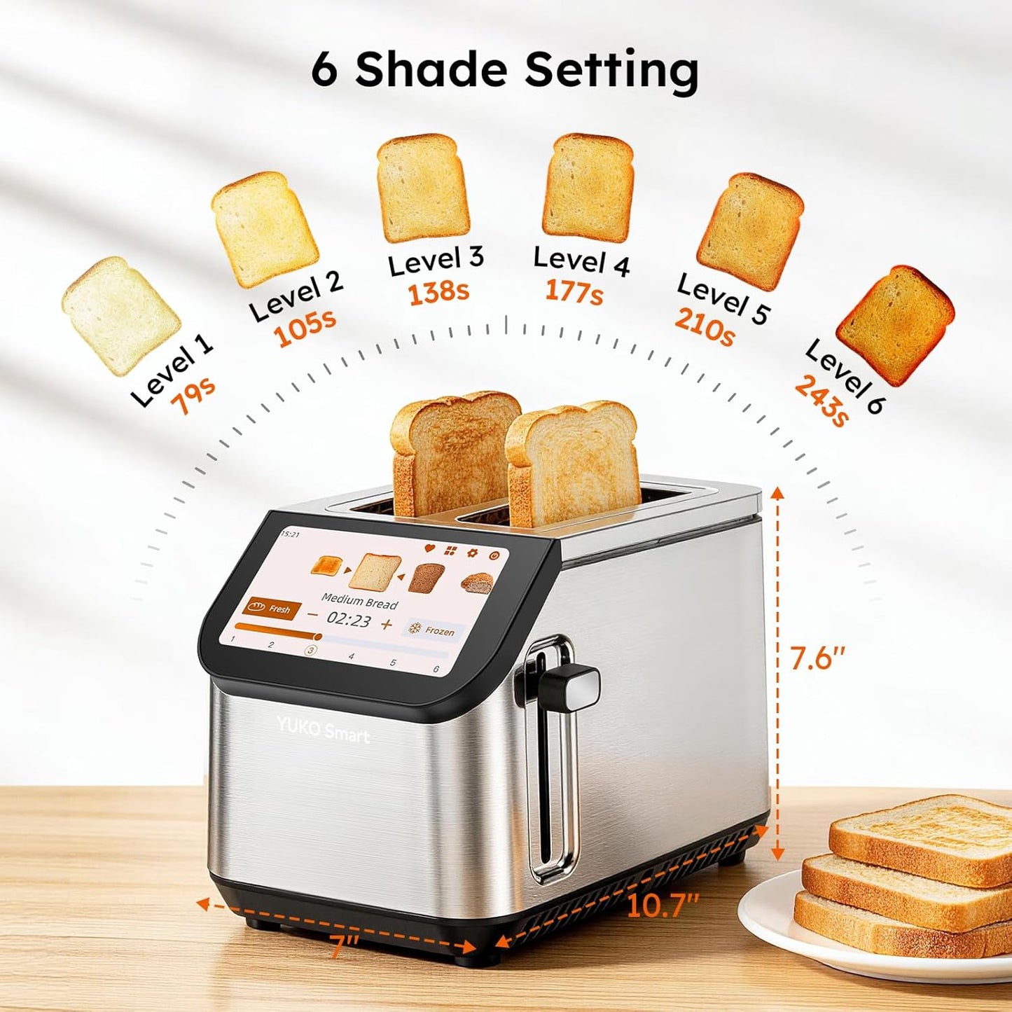 Smart Toaster - 2 Slice Stainless Steel Toaster with LCD Touch Screen & Memory Function | 10 Bread Types, 6 Shade Settings, 900W