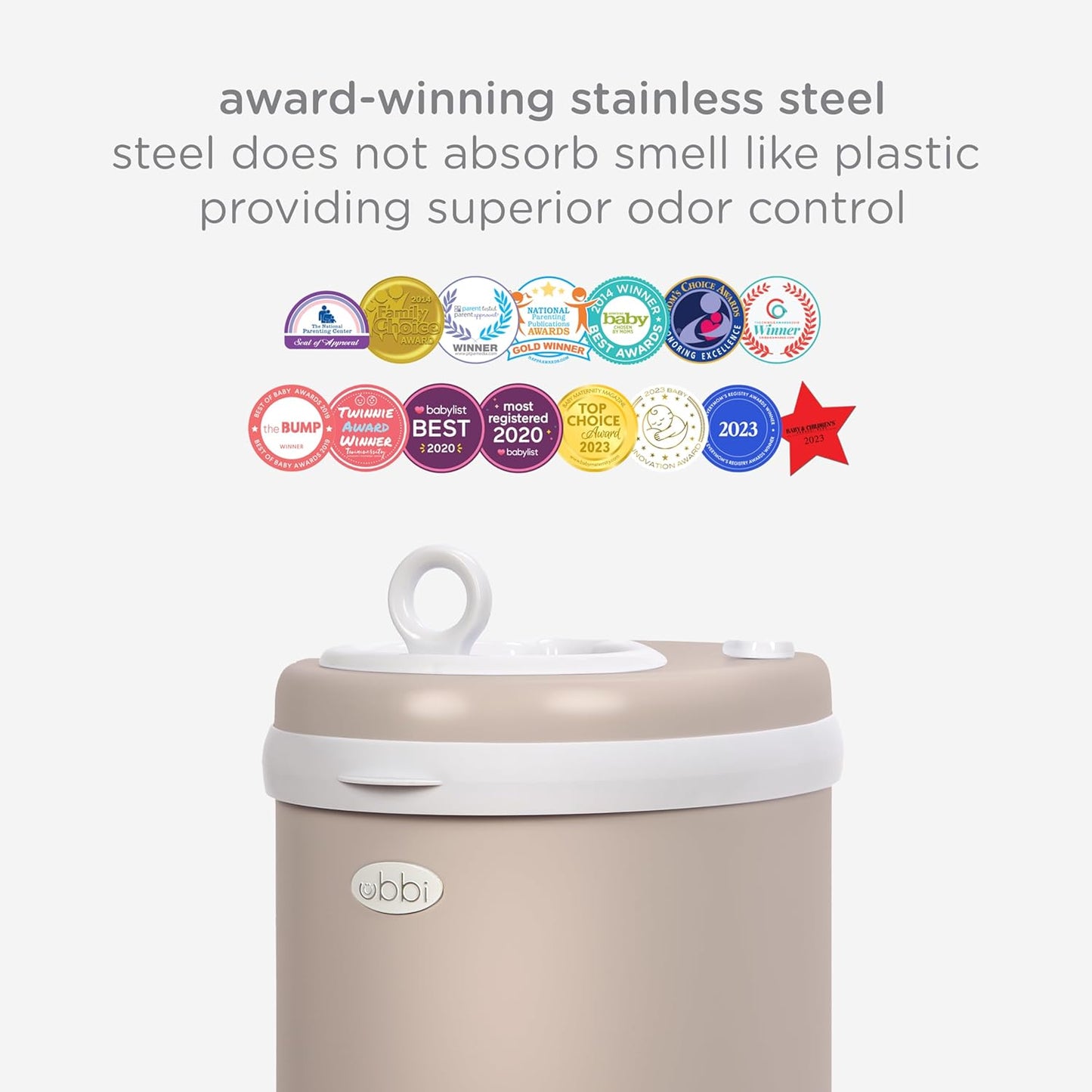Ubbi Stainless Steel Diaper Pail - Odor Locking Design, No Special Bags Required | Taupe Color