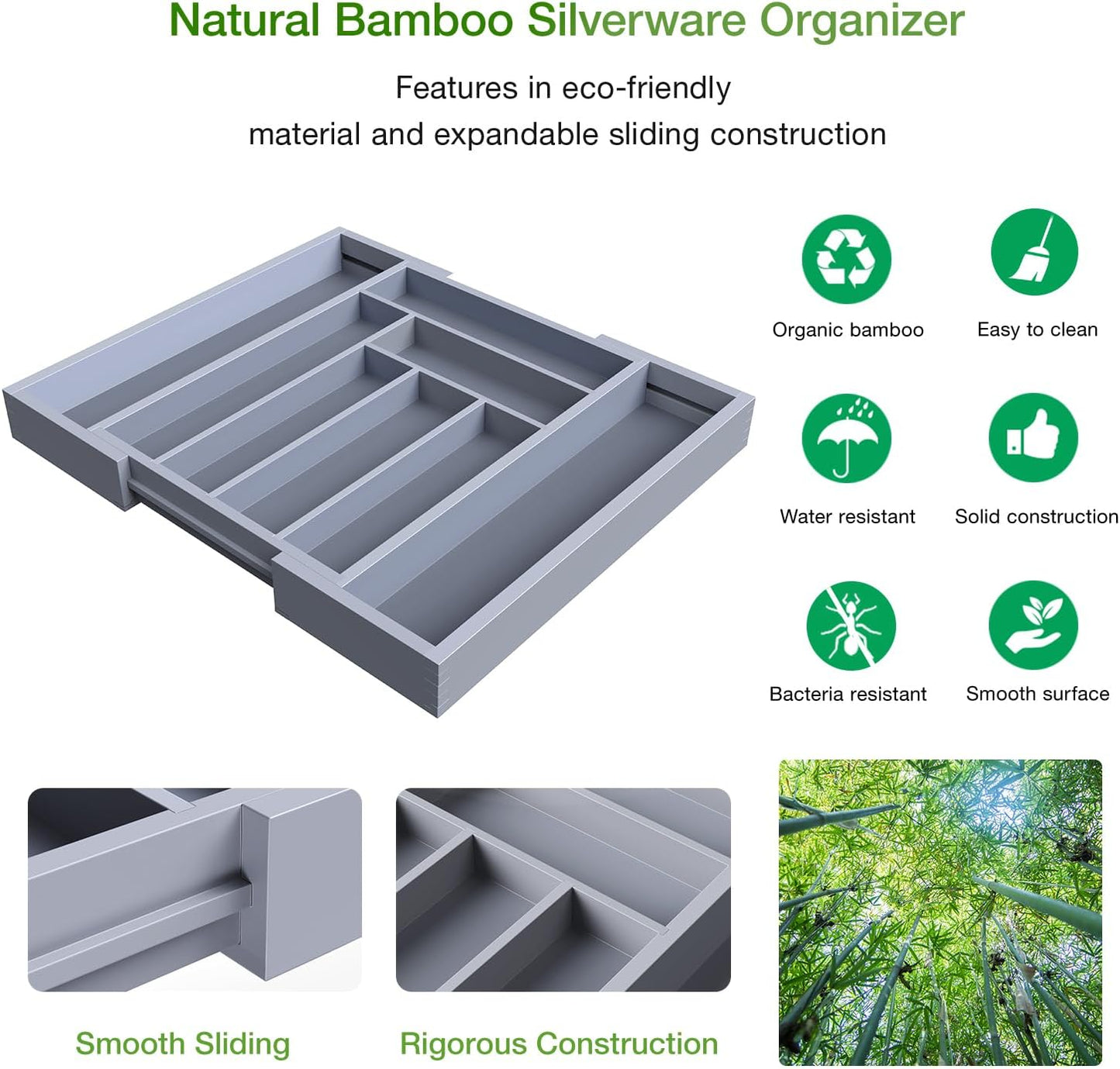 Pipishell Bamboo Drawer Organizer - Adjustable Utensil Holder & Cutlery Tray | Grey Wood Dividers