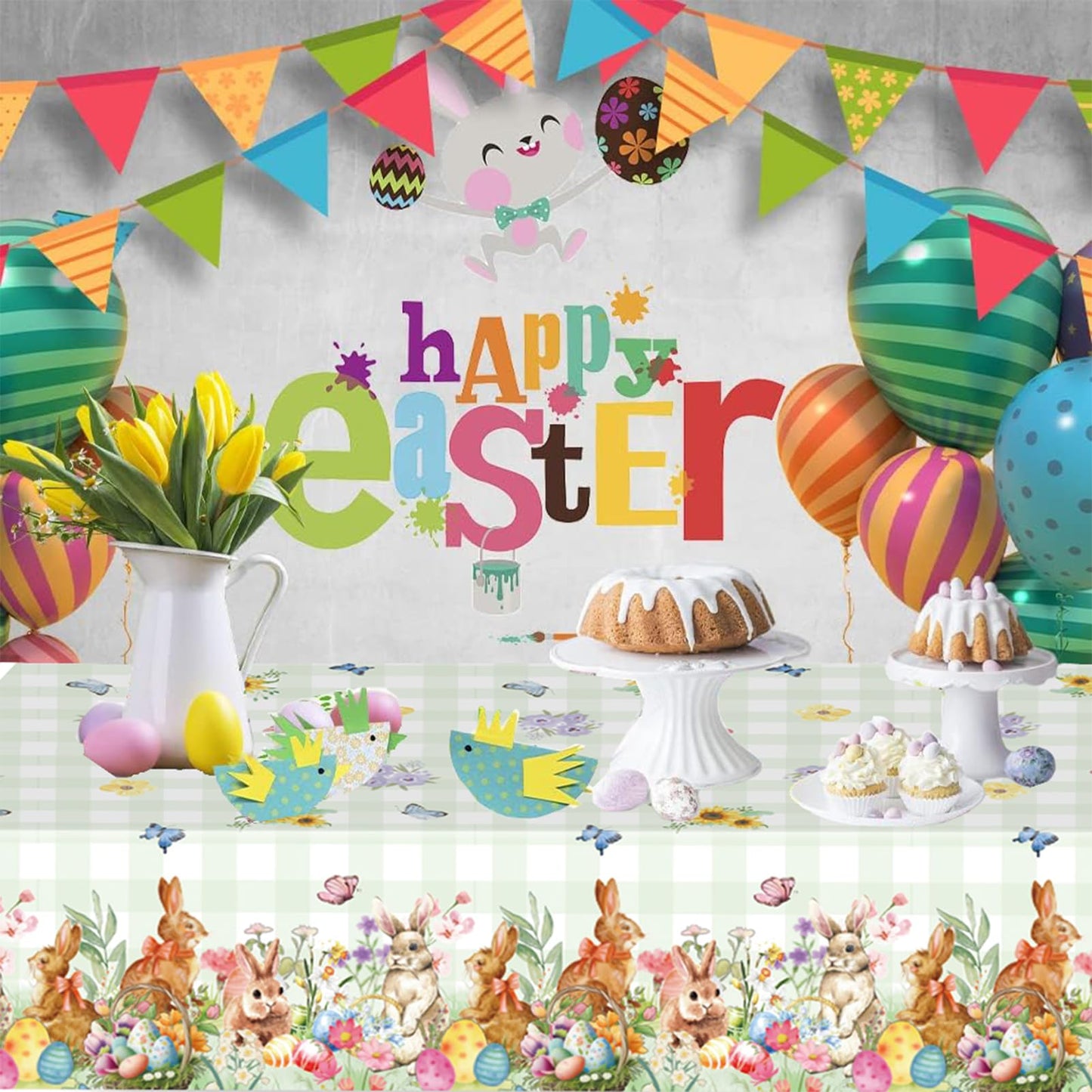 NovaHance 3 Pcs Easter Plastic Tablecloth, Happy Easter Bunny Table Cover, Disposable Rectangle Eggs Table Cloth for Spring Day Tables Decorations and Party Supplies, 54 x 108 Inch