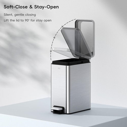 EKO Small Bathroom Trash Can - Stainless Steel, Soft Close Lid, 6 Liter | Anti-Fingerprint Finish (Silver)